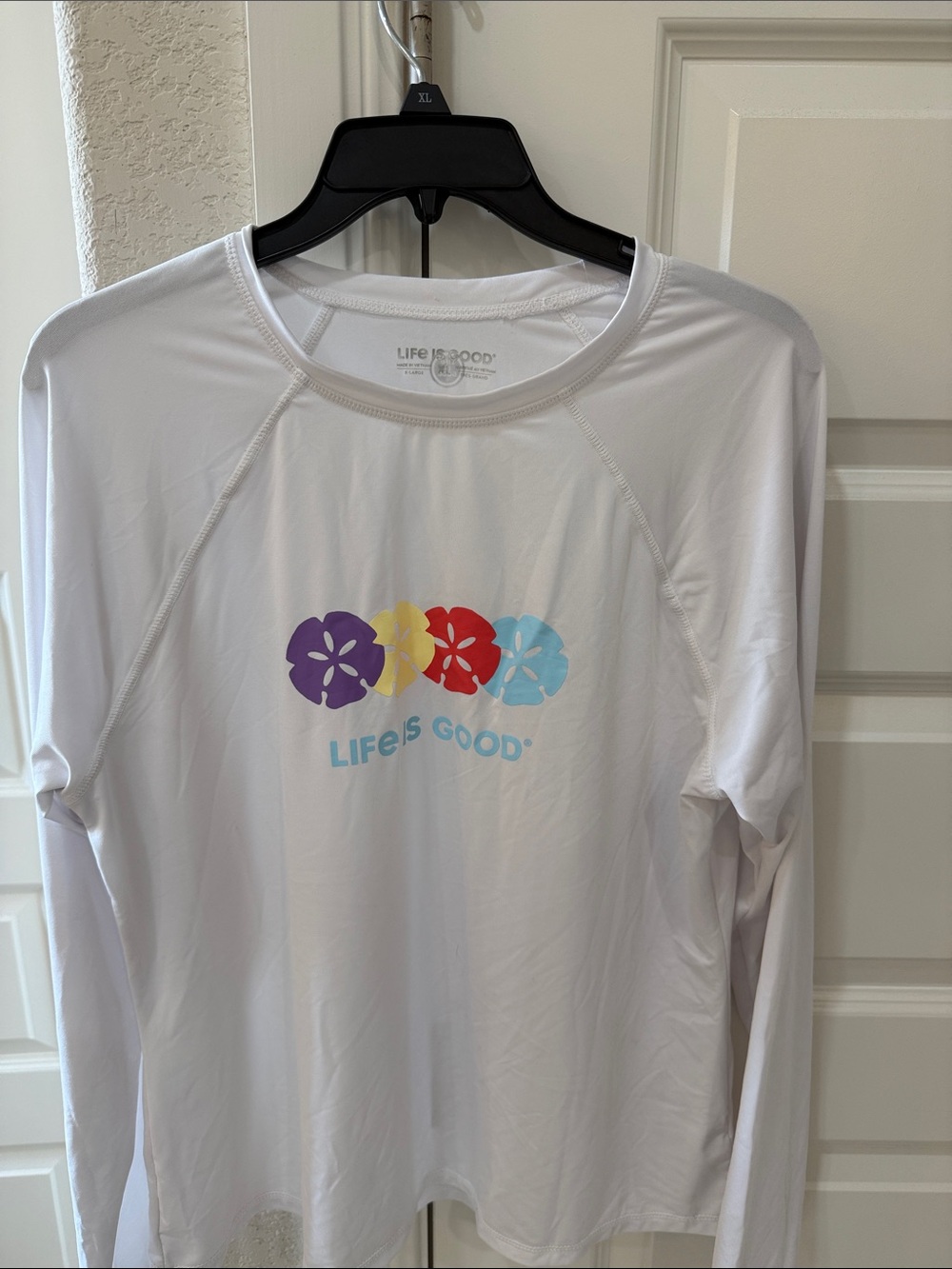 Life Is Good White Long-Sleeve Rash Guard with Colorful Sand Dollar Graphic